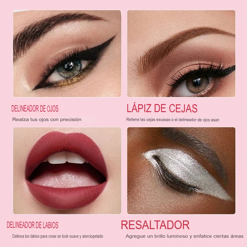 GlamFusión 🪄 ¡Delineador 4 en 1! Ojos, Cejas, Iluminador y Labios